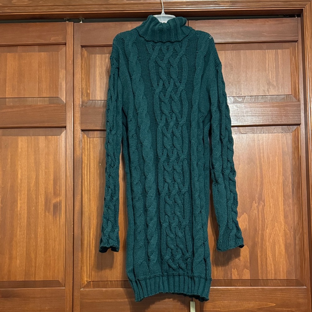 Pine Green Cable Knit Turtleneck Sweater Dress